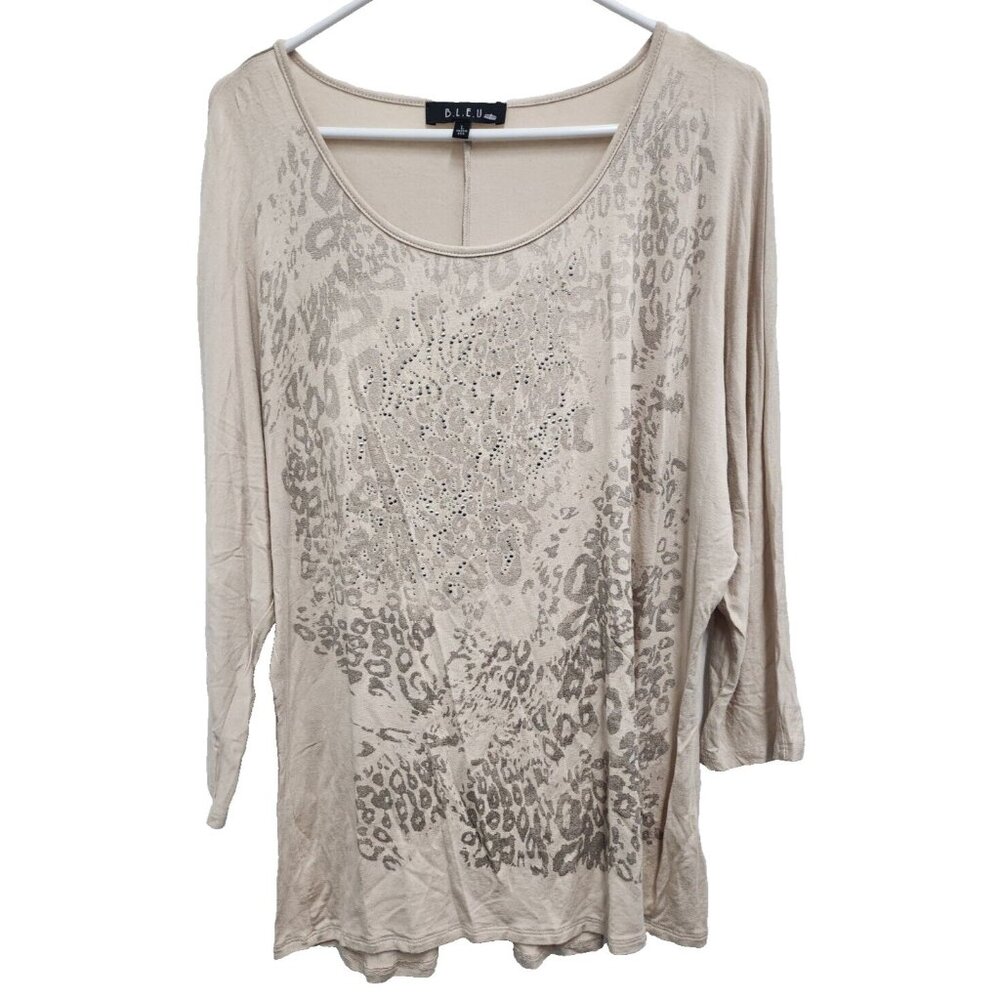 Bleu Womens Tunic Top Large Cream Animal Print Embellished 3/4 Sleeve Artsy